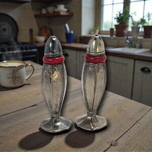 Art Deco Evercraft Silverplate Salt & Pepper Shakers Red Bakelite Collars 1920s